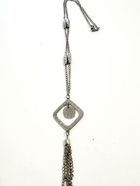 Silver-tone Geometric Pendant Tassel Necklace